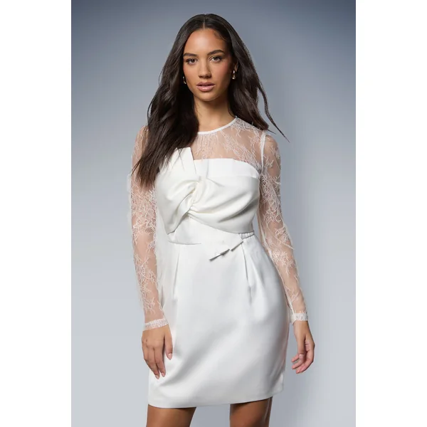 Robe Midi à Manches en Dentelle et Nœud Frontal