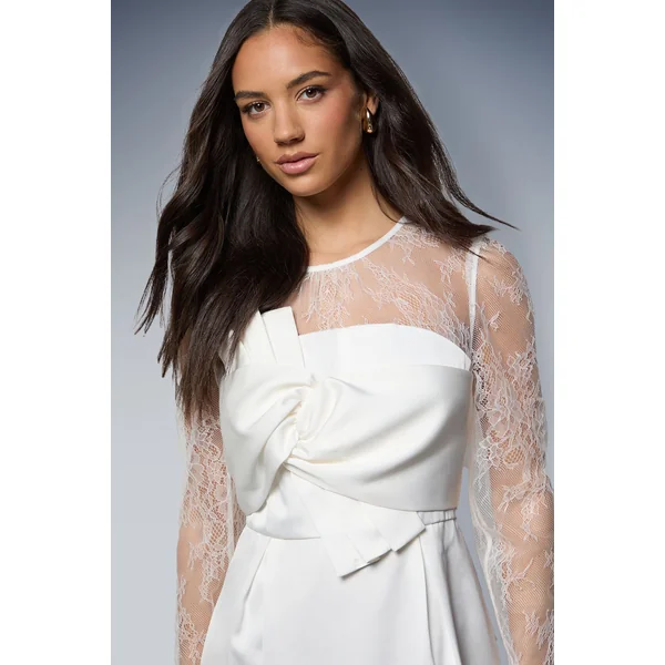 Robe Midi à Manches en Dentelle et Nœud Frontal