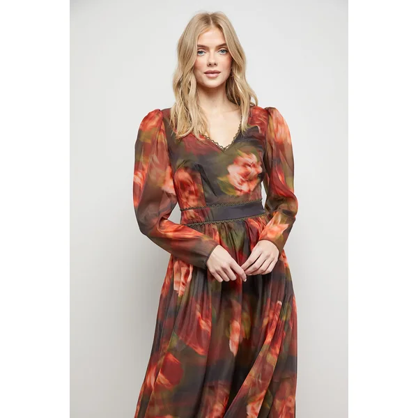 Robe Midi à Manches Longues avec Col V et Dos Ouvert