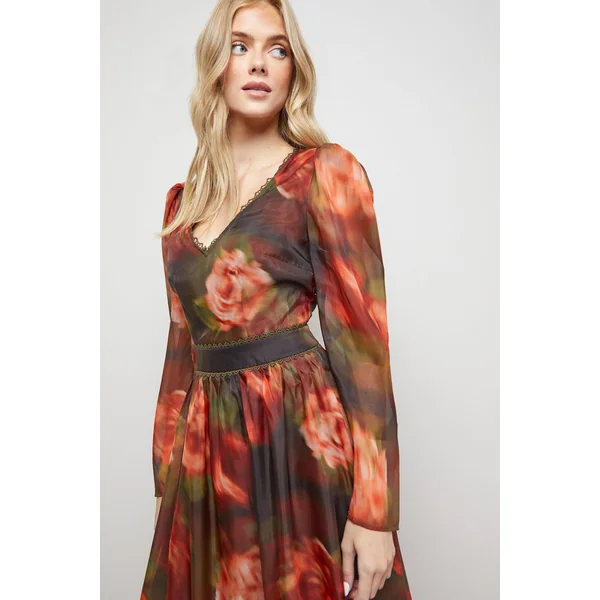 Robe Midi à Manches Longues avec Col V et Dos Ouvert