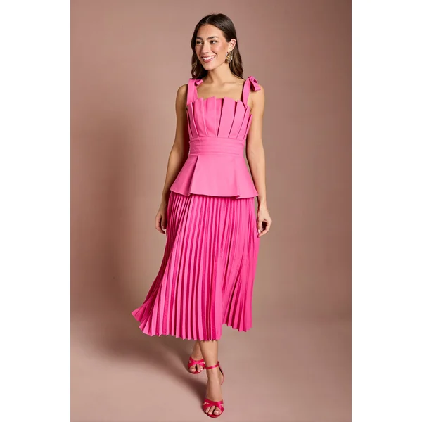 Robe Midi À Plis Sur Le Corsage Avec Nœuds Aux Épaules Et Basque
