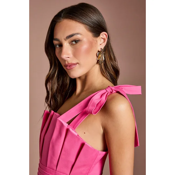 Robe Midi À Plis Sur Le Corsage Avec Nœuds Aux Épaules Et Basque