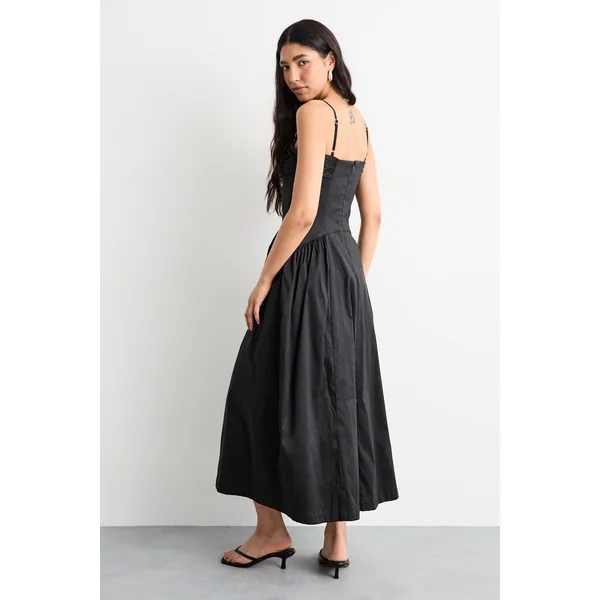 Robe Midi à Taille Basse et Buste Froncé