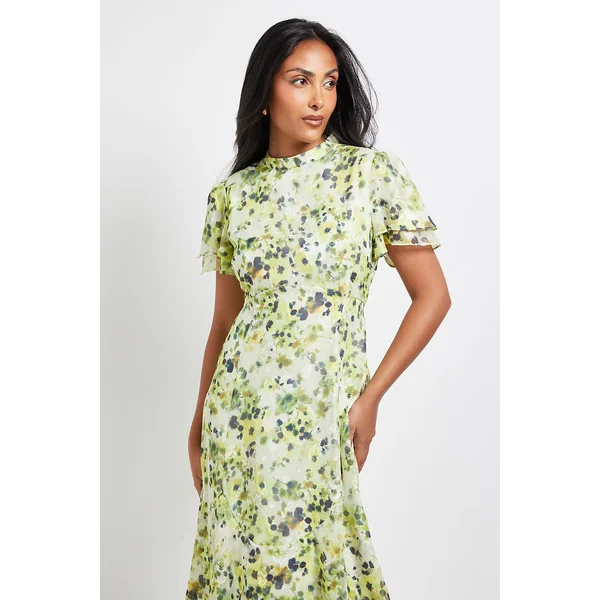 Robe Midi à Volants Fleurie Dévorée Petite Taille