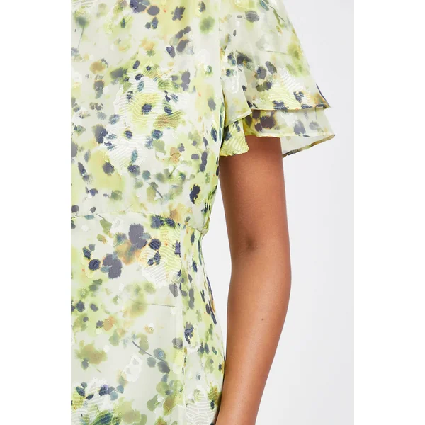 Robe Midi à Volants Fleurie Dévorée Petite Taille