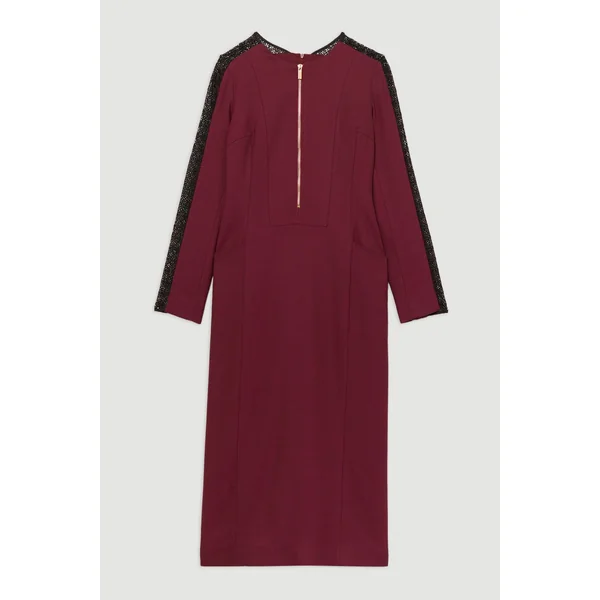 Robe midi à zip avant en mélange de twill et dentelle sur mesure
