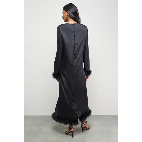 Robe Midi Évasée Col Montant en Satin Premium avec Plumes