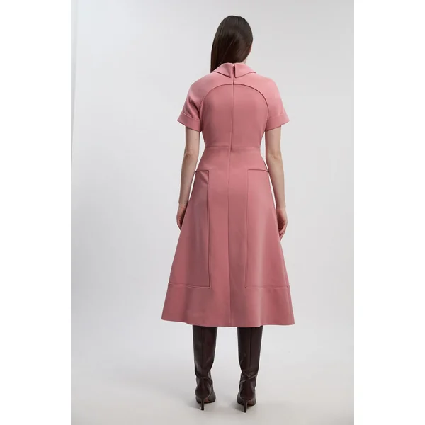 Robe Midi Évasée à Détail Patte en Stretch Compact Petite Taille