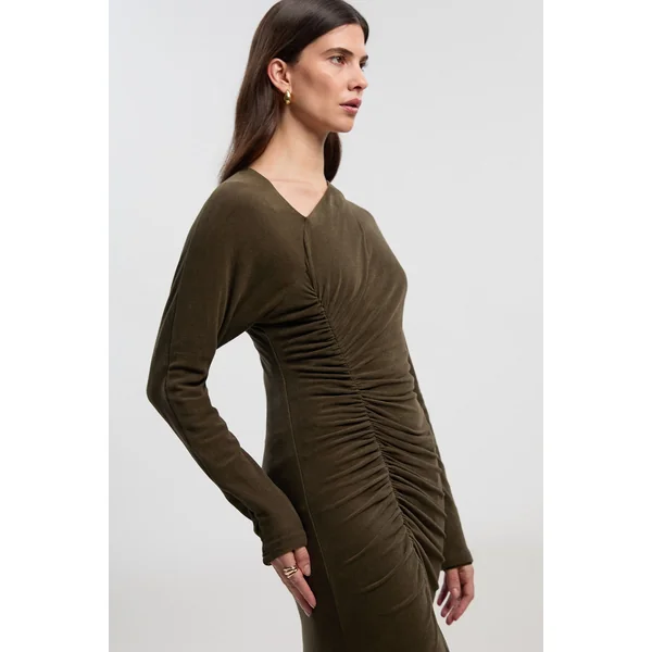 Robe Mi-longue en Jersey Texturé Brossé avec Détail Froncé
