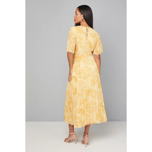 Robe Mi-longue en Mousseline Florale à Manches Plissées
