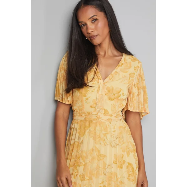 Robe Mi-longue en Mousseline Florale à Manches Plissées
