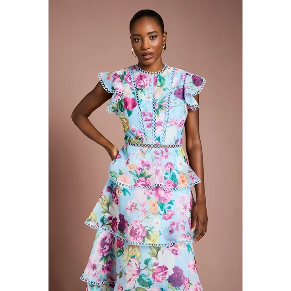 Robe Mi-longue en Organza à Volants avec Bordure en Dentelle