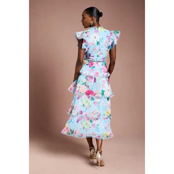 Robe Mi-longue en Organza à Volants avec Bordure en Dentelle