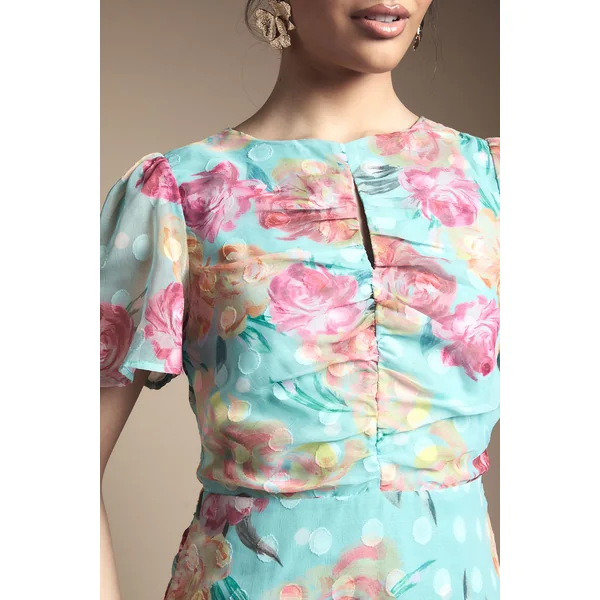 Robe Mi-Longue Froncée à Motifs Floraux Dévorés
