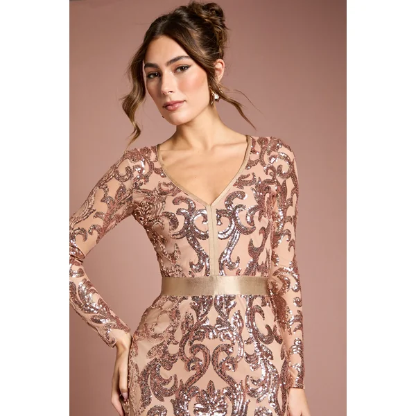 Robe Mi-Longue Moulante à Paillettes et Manches Longues