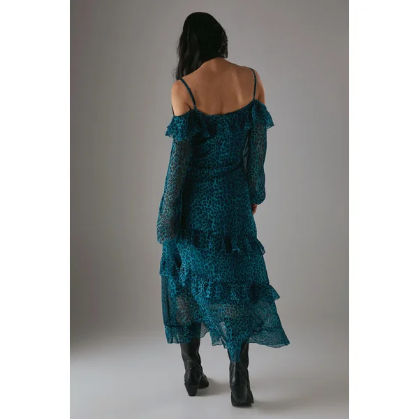 Robe Mi-Longue Petite en Mousseline à Volants et Épaules Dénudées