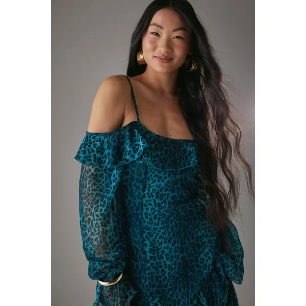Robe Mi-Longue Petite en Mousseline à Volants et Épaules Dénudées