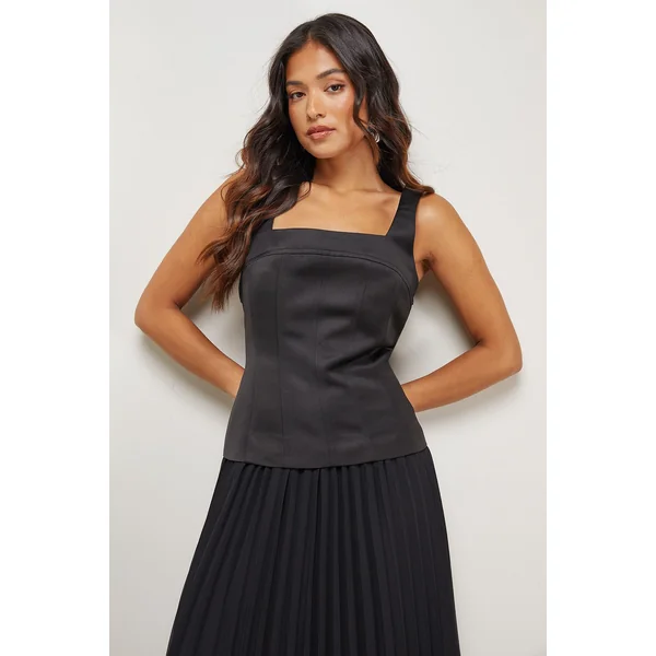Robe Mi-Longue Petite à Bustier Ajusté en Satin et Jupe Plissée en Mousseline
