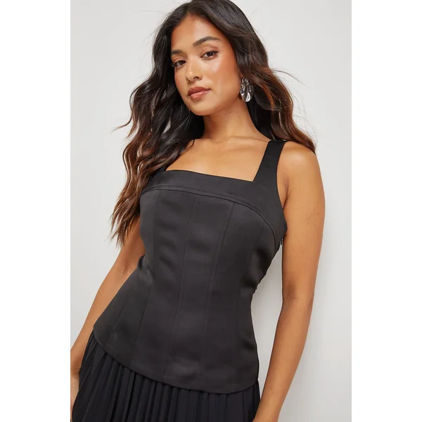 Robe Mi-Longue Petite à Bustier Ajusté en Satin et Jupe Plissée en Mousseline