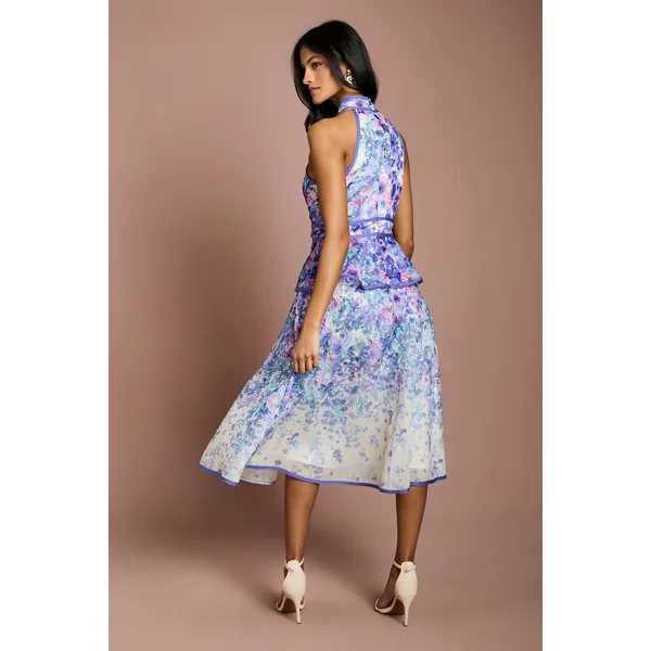 Robe Mi-Longue Petite à Imprimé Placé en Organza avec Col Halter