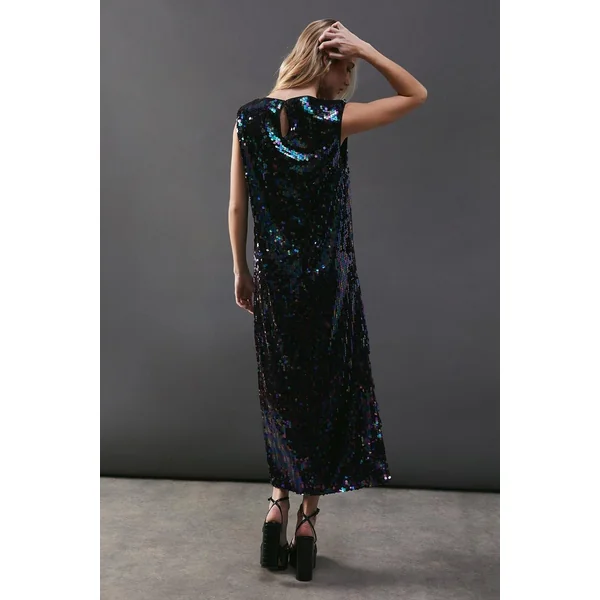 Robe Mi-Longue Sans Manches à Sequins avec Épaulettes