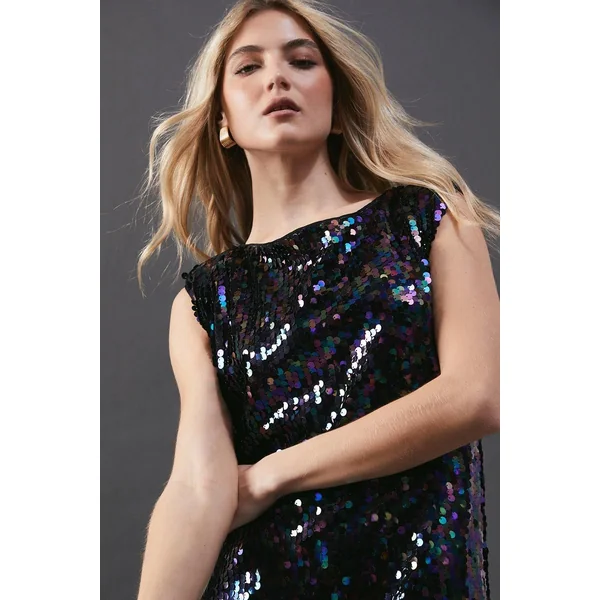 Robe Mi-Longue Sans Manches à Sequins avec Épaulettes