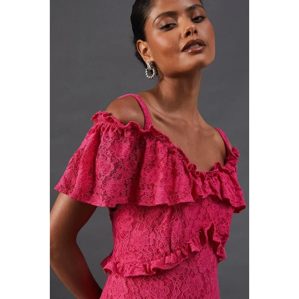 Robe Mi-longue à Dentelle Cordée avec Volants et Épaules Dénudées