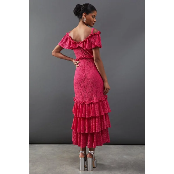 Robe Mi-longue à Dentelle Cordée avec Volants et Épaules Dénudées