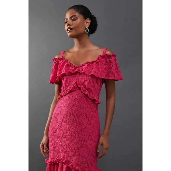 Robe Mi-longue à Dentelle Cordée avec Volants et Épaules Dénudées