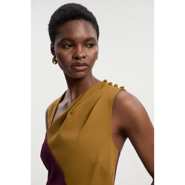 Robe Mi-Longue à Encolure Américaine et Blocs de Couleur Ajustée Douce