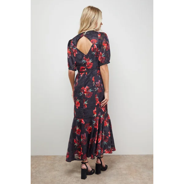 Robe Mi-longue à Manches Bouffantes avec Imprimé Jacquard et Détails Cloutés