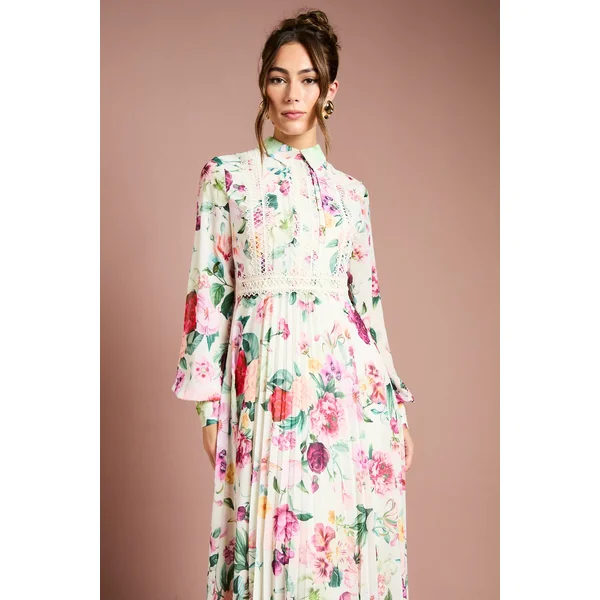 Robe Mi-Longue à Plis avec Finitions en Dentelle