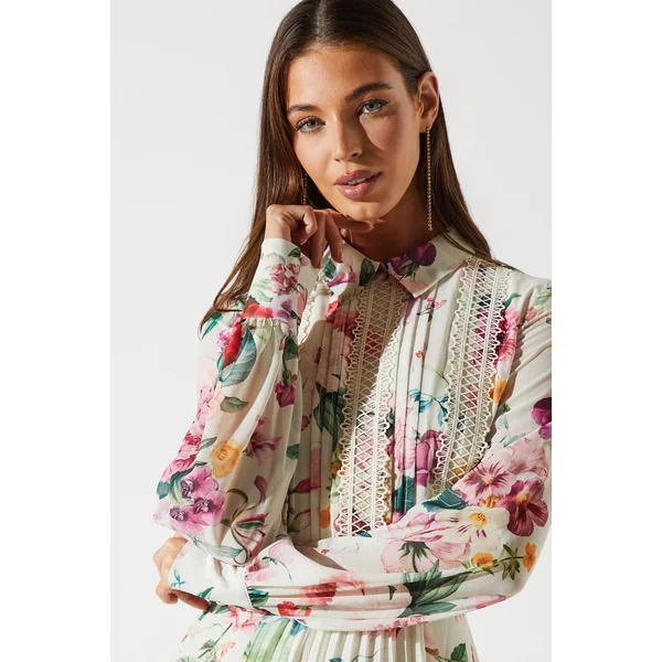 Robe Mi-Longue à Plis avec Finitions en Dentelle