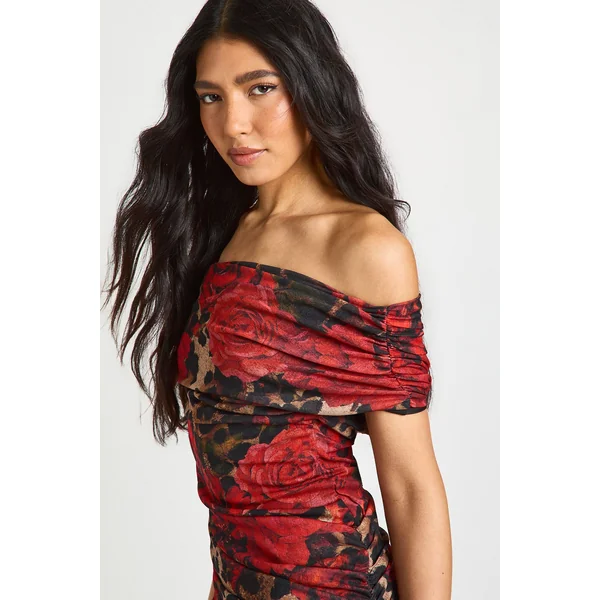 Robe Mini Asymétrique Froncée à Imprimé Léopard Floral Tall