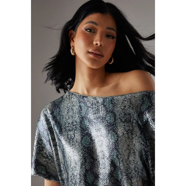 Robe Mini Décontractée À Épaules Tombantes Et Sequins Synthétique