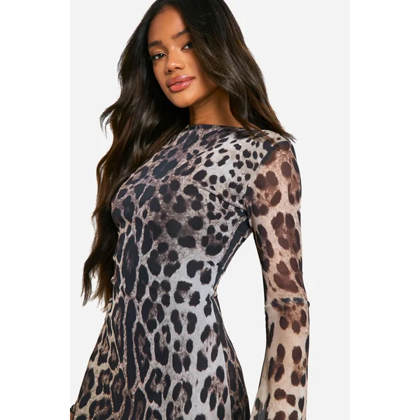 Robe Mini en Maille à Manches Flare Léopard