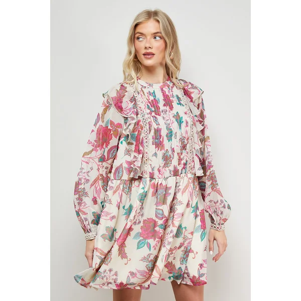 Robe Mini en Mousseline à Détails Volantés Imprimée