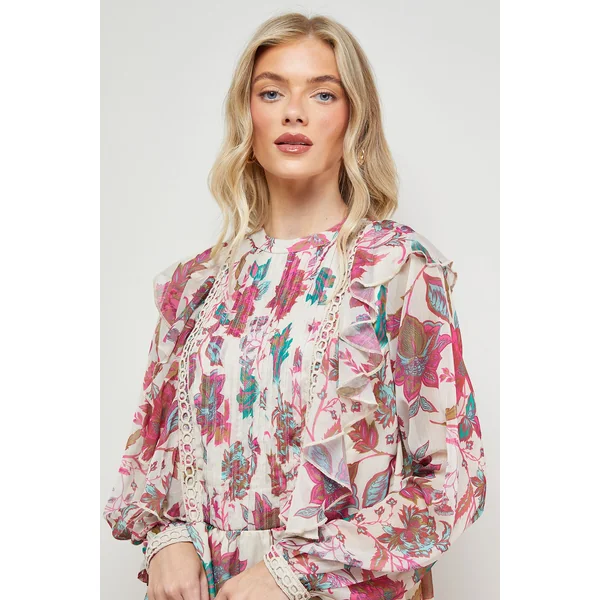Robe Mini en Mousseline à Détails Volantés Imprimée