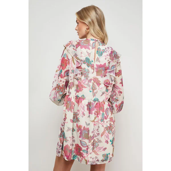 Robe Mini en Mousseline à Détails Volantés Imprimée