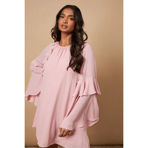 Robe Mini en Mousseline à Manches Volantées