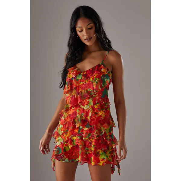 Robe Mini En Mousseline À Volants Et Bretelles