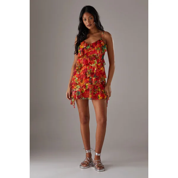 Robe Mini En Mousseline À Volants Et Bretelles