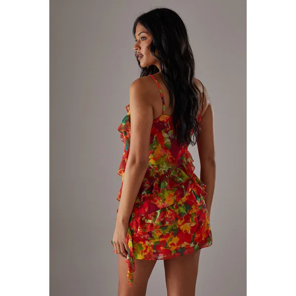 Robe Mini En Mousseline À Volants Et Bretelles