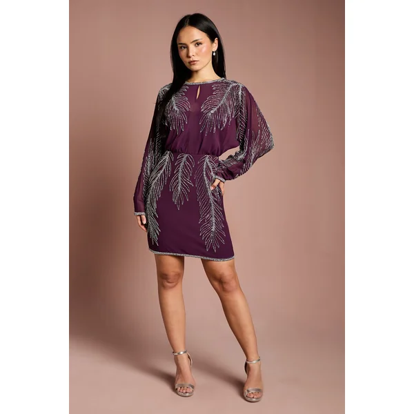 Robe Mini Petite à Manches Longues Ornée de Plumes Placement