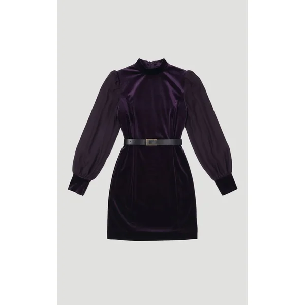 Robe Mini Tissée à Manches en Maille Transparente et Détail Ceinture en Velours