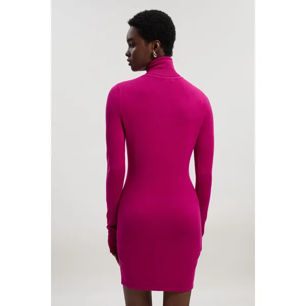 Robe Mini Tricot Col Roulé à Manches avec Passe-Pouce en Mélange Viscose