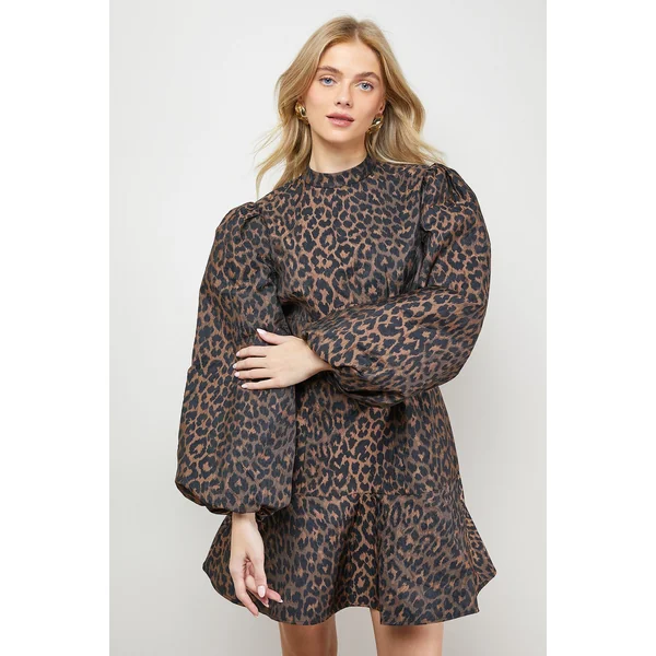 Robe Mini à Manches Bouffantes en Jacquard Imprimé Léopard