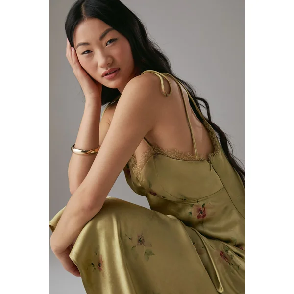 Robe Nuisette Mi-longue En Satin Rose Avec Bretelles Nouées Et Détails En Dentelle Petite Taille