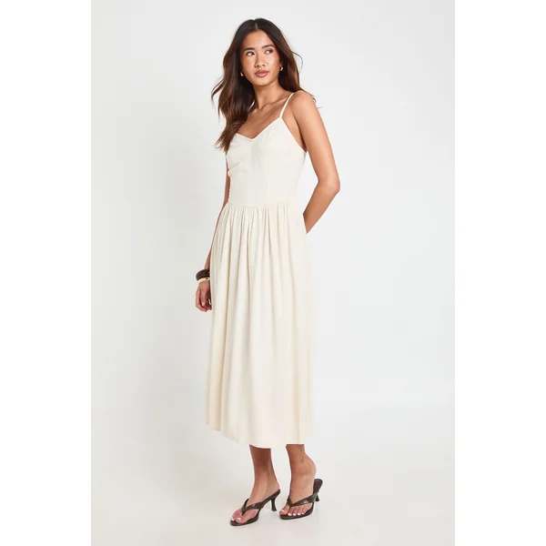 Robe Patineuse Midi En Lin Premium Avec Détail Corset