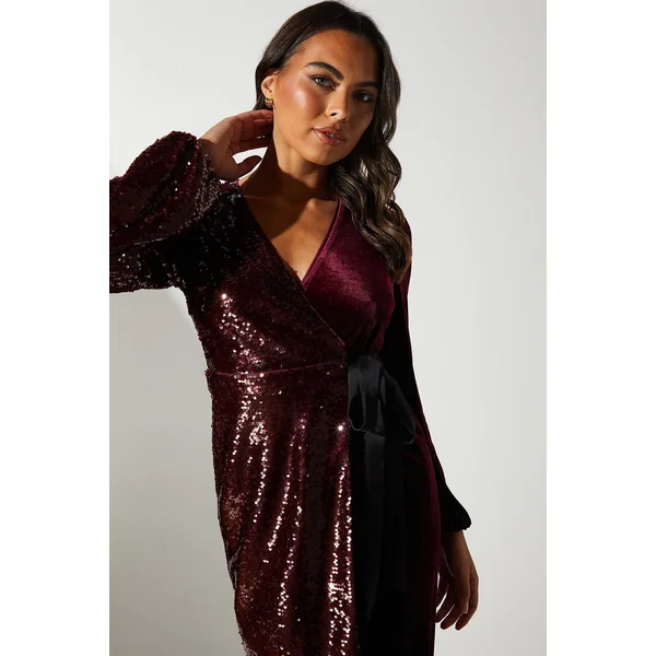 Robe Portefeuille en Velours à Sequins Manches Longues de Soirée